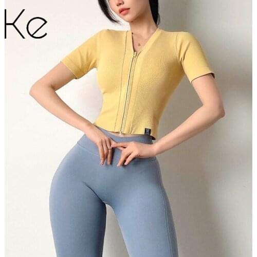 KE tight-fitting navel-bearing sports top womens summer zipper thread short-sleeved quick-drying running thin yoga t-shirt
