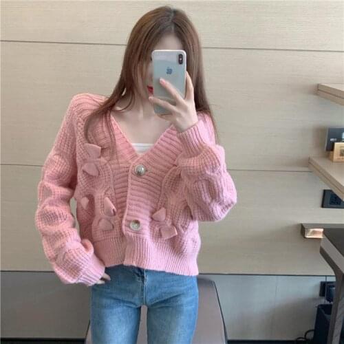 2021 Women Autumn New Knitted Cardigan Casual V-Neck Long Sleeve Sweater Female Loose Short Solid Color Jumpers Cardigans Q833
