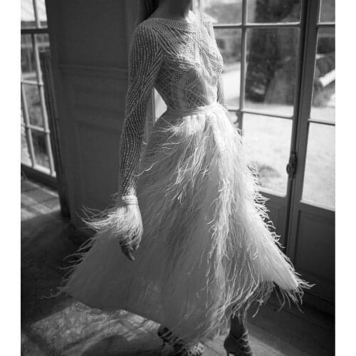 SSYFashion New Evening Dresses High-end Luxury White Long Sleeves Tea-length Sequins Beading with Feathers Banquet Formal Gowns