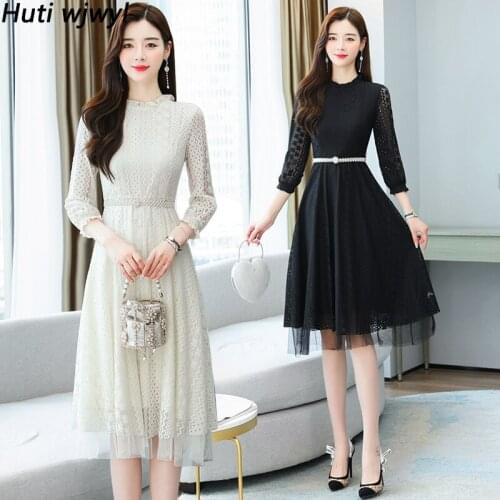 2021 Autumn Winter Vintage Black Lace Midi Dress Women Elegant Casual Bodycon Black Maxi Dress Long Sleeve Party Evening Vestido