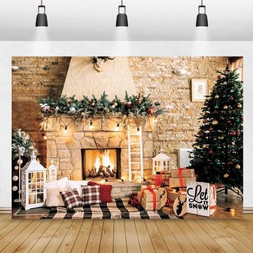Winter Christmas Backdrop For Photography Interior Fireplace Pine Branches Tree Gift Family Shoot Party Child Photo Background