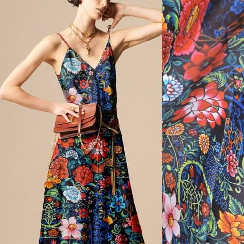140CM 16MM Floral Print Thin Blue Silk Crepe De Chine Fabric for Summer Dress Blouse Skirt Shirt Scarf Pants J066