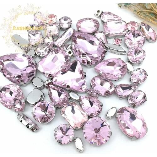 Promotions!! MIX Pink Size Crystal Glass Sew-on Rhinestones Bottom DIY Womens Dresses and Shoes 52pcs 23sizes 10shapes