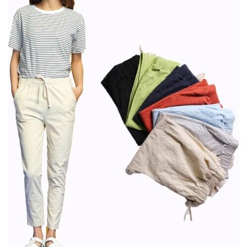 2020 New Autumn Casual Pants Women Fashion Cotton Linen Pant Elastic Waist Harem Pencil Pockets Loose Big Plus Size Trousers