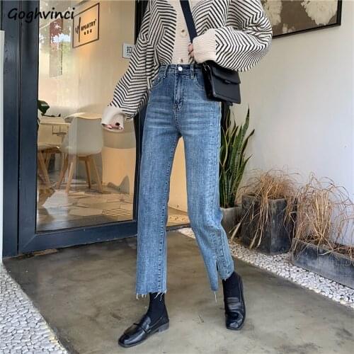 Jeans Women Straight Slim Streetwear Denim Casual Ankle-length Korean Style Vintage Chic Trousers Solid Fashion Retro All-match