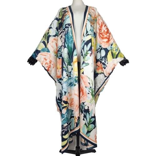 European Floral 2021 Open Front Beach Silk Printed Womens Duster Coat Casual Bohemian African Vacation Long Cardigan Kimonos