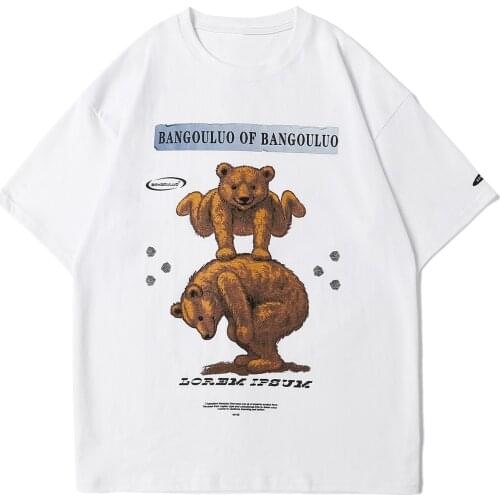 LACIBLE Mens Hip Hop T-Shirt Streetwear Vintage Bear Print Tshirts Loose Cotton Short Sleeve 2021 Summer Casual