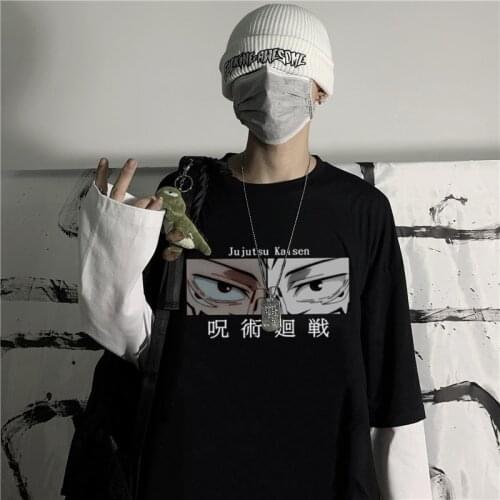 Hip Hop Fake Two Piece Jujutsu Kaisen Graphic Eyes Tshirt Male Manga Streetwear Unisex Anime T shirt Long Sleeve Mens T-shirt