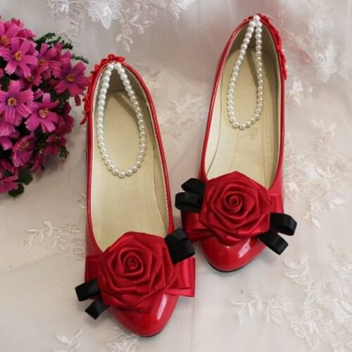 Red party shoes woman sweet handmade rose flower bowtie ladies proms dress shoes ceremony evening dinner party shoes