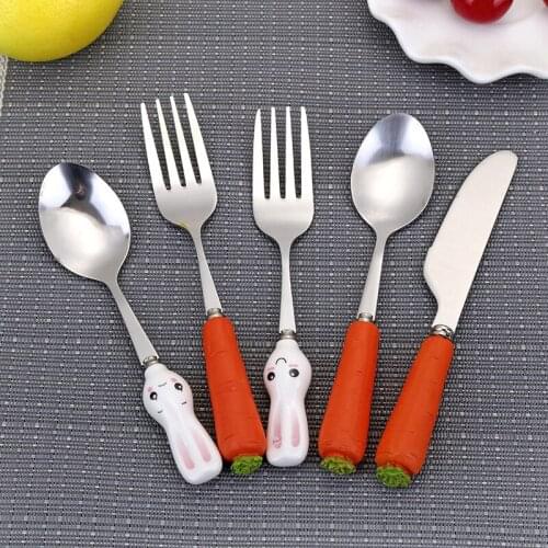 Cute carrot handle cutlery, creative childrens rabbit spoon fruit fork, table dinner spoon spoon and knife and fork
