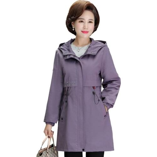 Fashion plus size trench coat middle-aged woman hooded windbreaker casual tops women spring autumn zipper slim outerwear 3275