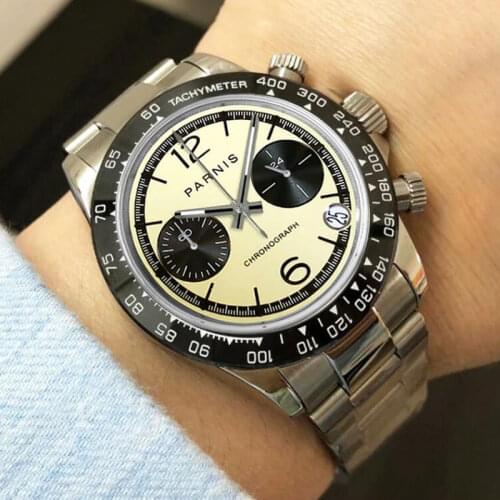 Parnis 39mm Top brand Mens watch Full Chronograph luminous sapphire glass black bezel luxury Quartz Wristwatch