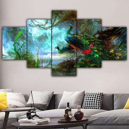 5 Pieces of Frameless Picture Cores, Five Pieces of Combination Blue Fantasy Peacock Canvas Paintings, Home Living Room Painting
