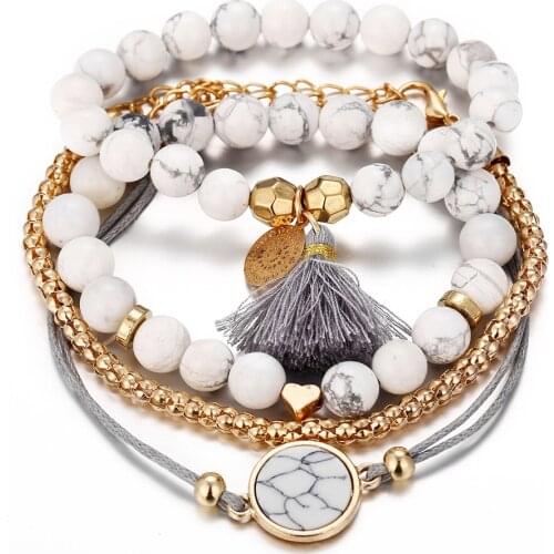 Bohemian Bracelet Set for women Shell Star Map Pineapple Heart Natural stone Beads chains Bangle Boho Jewelry