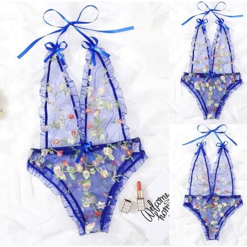 Hirigin New Women Floral Embroidery Romper Sexy Lingerie See Through Deep V-neck Backless Short Halter Jumpsuit Erotic Clothes