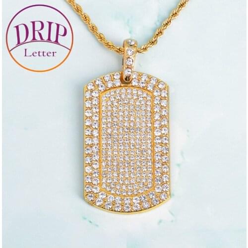 Gold Color Charm Square Dog Tag Mens Pendant Filled Iced Rhinestone Necklace With Cuban Chain Hip Hop Jewelry