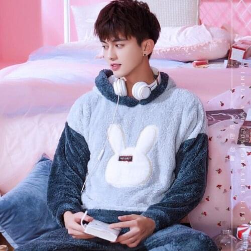 Pajamas Mens Sleepwear Suit Thickened Flannel Autumn Winter Lovely Nightwear Long Sleeve Korean Casual Home Clothes Set H5642