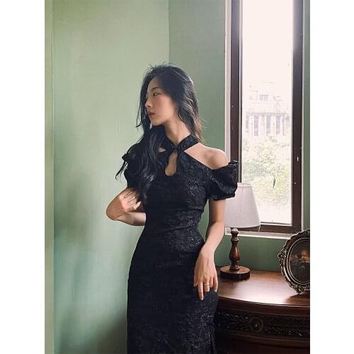 Oriental Dress Black French Style Cheongsam Puff Sleeve Qipao Cross Neck Cheongsams Jacquard Sexy Qipao Dresses Chinese Dress