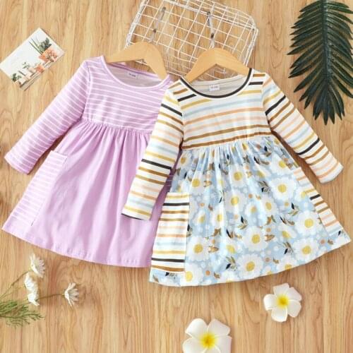 Flower Girl Dresses Kids Dresses for Girls Cotton Striped Pocket Long Sleeve Girls Dress Kids Clothes Casual Girls Clothes 1-6Y