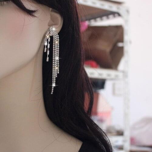 Exaggeration Full Crystal Rhinestone Long Tassel Earrings for Women Femme Geometric Hanging Dangle Earrings Korean Jewellery