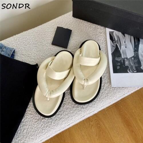 2021 Summer Women Sheepskin Flat Platform Sandals Fashion Design Ladies Comfortable Slippers Thick Flip Flop Beach Shoes Woman