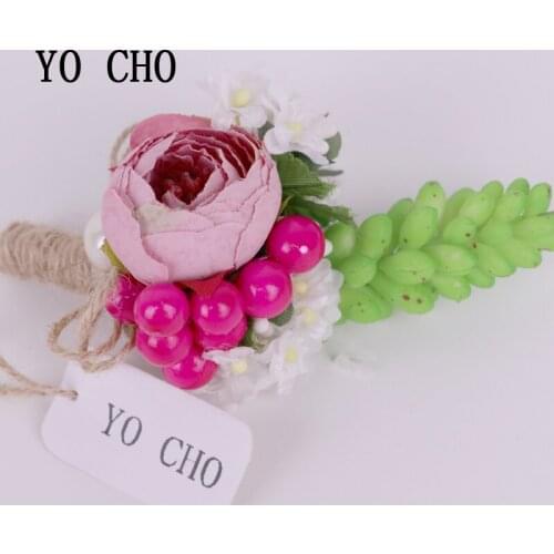 YO CHO Creative Pink Tea Rose With Pink Pearl Fresh Succulent For Wedding Decor Bridal Groom Corsages Flower Bestman Boutonniere