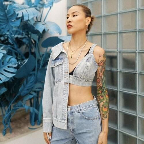 New women summer Sexy Strapless backless Asymmetry suspenders stitching denim jacket Vintage Washed Streetwear Blue jeans jacket