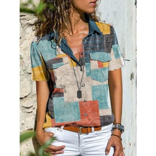 Women Retro Colorful Print Buttons Blouse Shirt Summer Short Sleeve Turn-down Collar Ladies Top Casual Plus Size Blusa