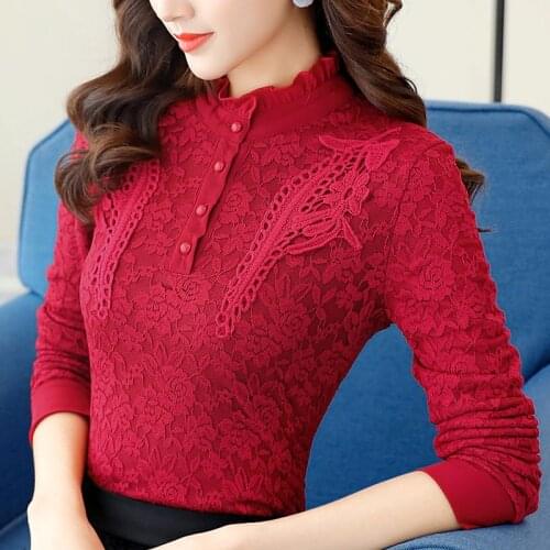 2020 Autumn Winter Women Lace Thick Shirt & Blouses Feminine Stand Long Sleeve Warm Bottom Tops Plus Size 5XL Femina Blusa