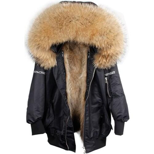 Natural fur raccoon Lining liner female winter jacket park with embroidery with inscriptions free from natural fur raccoon coat