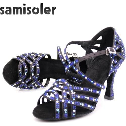 Samisoler dress shoes woman zapatos de baile Latina mujer black satin dark blue rhinestones ladies salsa party ballroom