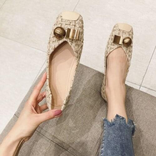 Spring/Autumn Women Flats Metal Decoration Slip on Shoes Woman Ballet Flats Square Head Dress Shoes Zapatos De Mujer