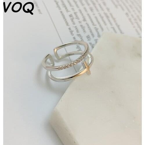 VOQ 925 Sterling Silver New Fashion Double Layer Micro CZ Zircon Cross Ring for Women Adjustable Ring Jewelry