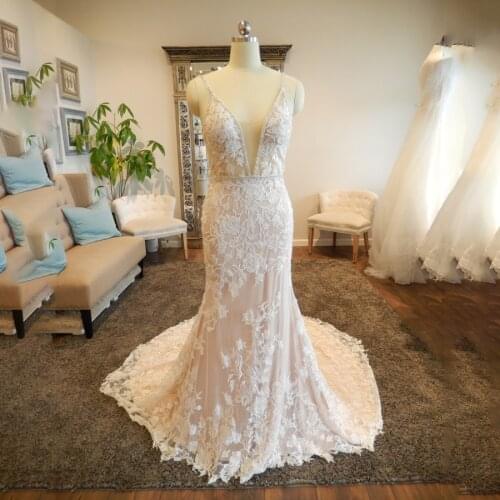 Spaghetti Straps Deep V-neck Crystals Lace Applique Mermaid Blush Wedding Dress Reals vestido de novia desmontable Bridal Dress