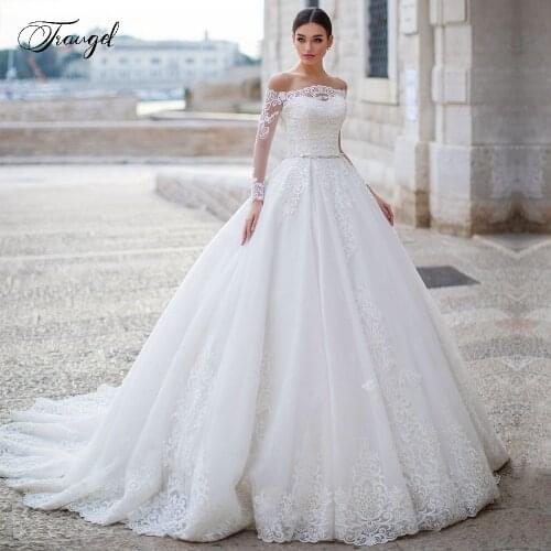 Traugel Vestidos De Novia Sexy Boat Neck Lace Wedding Dresses Demure Applique Long Sleeve Button Court Train A Line Bridal Gown