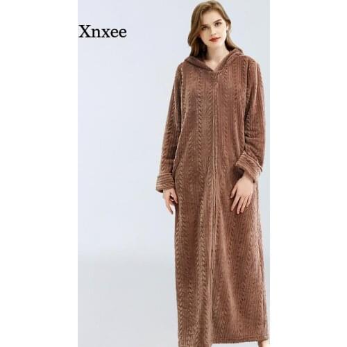 Winter Thickened Flannel Bathrobe Wheat Stripe Unisex Hooded Bathrobe Plus Size Couple Pajamas Zipper Pajamas