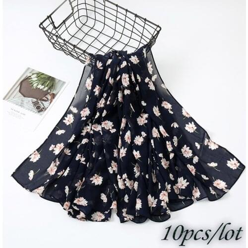 2020 Newest Printed Floral Chiffon Hijab Square Scarf Islam Women Shawls Sunscreen Headband Muslim Chiffon Head Wraps 10pcs/Lot