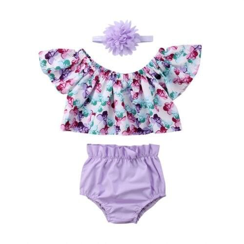 3PCS Set Baby Girls Summer Flower Tops Off-shoulder Blouse Tops Bottoms Headband Clothes Outfit Baby Clothing