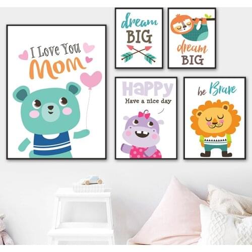 Bear Hippo Lion Sloth Love Dream Arrow Wall Art Canvas Painting Nordic Posters And Prints Wall Pictures Kids Child Room Decor