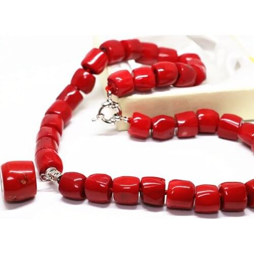 Red natural coral irregular 11*15mm tube barrel beads necklace 13*18mm fashion pendant top quality chain 18inch B1505