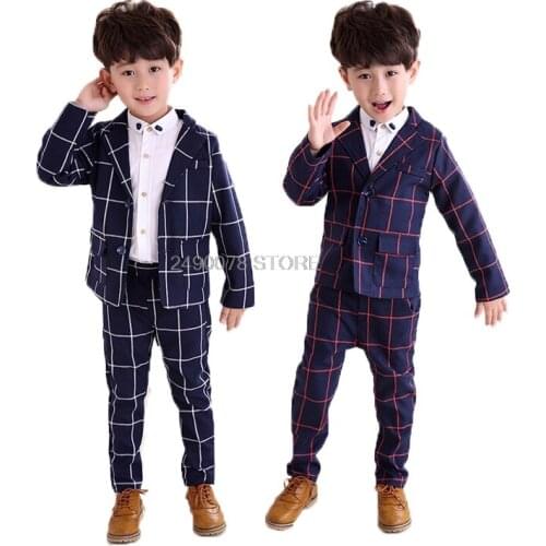 Kids Formal Plaid Jacket Pants 2Pcs Clothing Set Flower Boys Wedding Tuxedo Suit Children Party Dance Performance Dress Costume