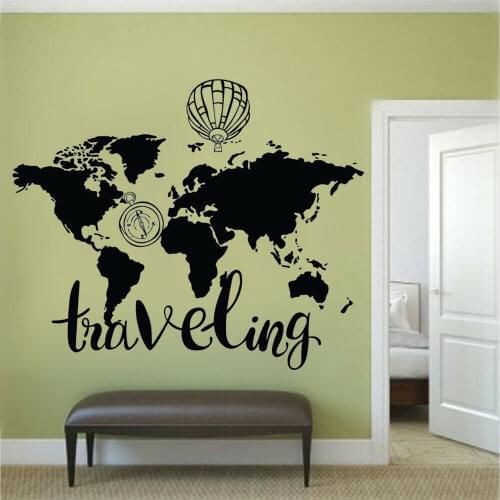 Travel World Map Wall Paper Hot-air Balloon Compass Home Decor Vinyl Wall Decals For Living Room Teen Room Wall Stickers Y373