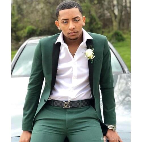 Hunter Green Mens Suits Slim Fit 2 Pieces Groomsmen Wedding Tuxedos For Men Peaked Lapel Formal Prom Suit (Jacket+Pants)