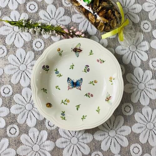 Retro creative ceramic tableware garden insect Dragonfly butterfly bee broken flower Western food plate soup plate