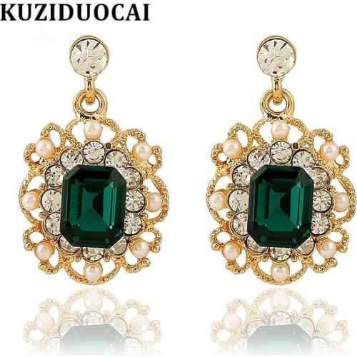Kuziduocai New Fashion Jewelry Pearl Rhinestone Zircon Openwork lacework Square Elegant Stud Earrings For Women Gift Brincos E76