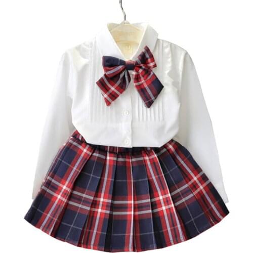 New Autumn Spring College Style Fashion Children Set White Shirt Top + Plaid Skirt With Knot Tie Girls Clothes Set
