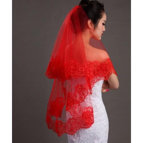 One Layer Red Lace Short Bride Veil 2021 Bridal Veils Wedding 2022