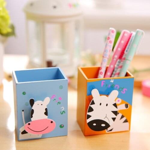 Color Random Cartoon Woodenness Student Organizer with Sticky Clip Cosmetic Ruler Pen Pencil Holder Desk Stationery Container