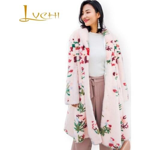 LVCHI Winter 2019 Import Swan Velvet Turn-down Collar Real Mink Fur Coat Womens Nine Quarter Long Pink Slim Thick Mink Coats