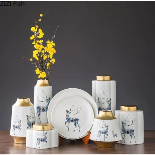 Simple Ceramic Vases Geometric Decor Painted Deer Porcelain Vase Desktop Decor Flower Arrangement Modern Floral Home Decoration
